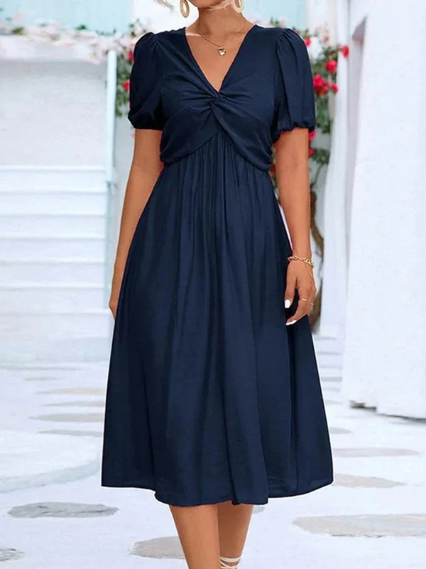 V neck Elegant High Waist Casual Midi Dress