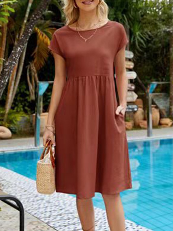 Summer Cotton And Linen Solid Color Round Neck Dress