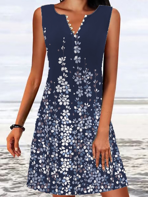 Printed V Neck Sleeveless Short Dress