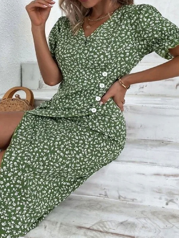 V neck Casual Floral Print Short Sleeve Midi Dress