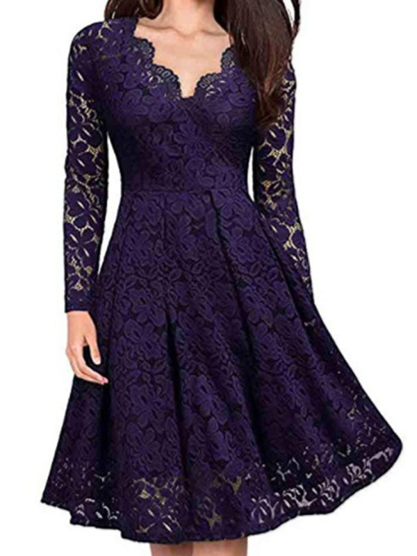 V neck Lace Long Sleeve Dress