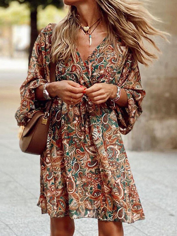 V neck Casual Loose Vintage Print Long Sleeve Short Dress