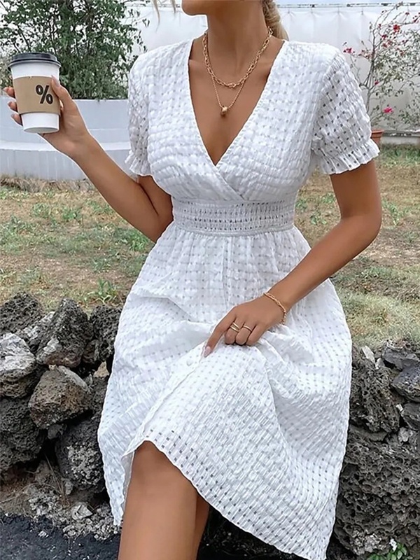 White Deep V neck Midi Dress