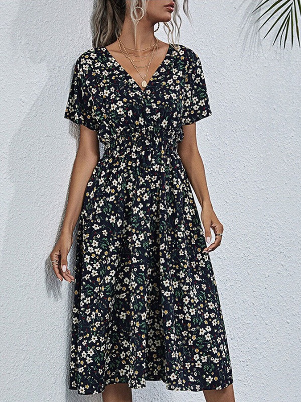 V Neck Floral Print Waist Short Sleeved Midi Dress