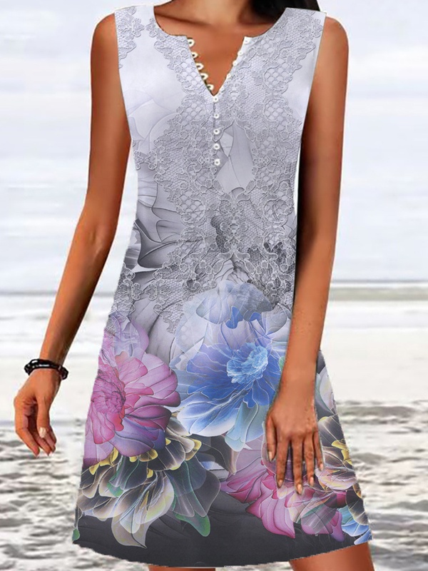 Printed V Neck Sleeveless Short Dress