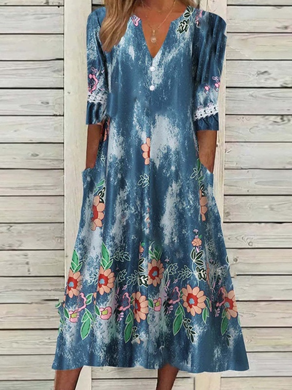 Round Neck Half Sleeves Printed Casual Midi Dress