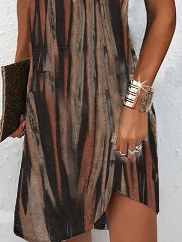 V Neck Hollow Casual Loose Printed Short Sleeved Short Dress