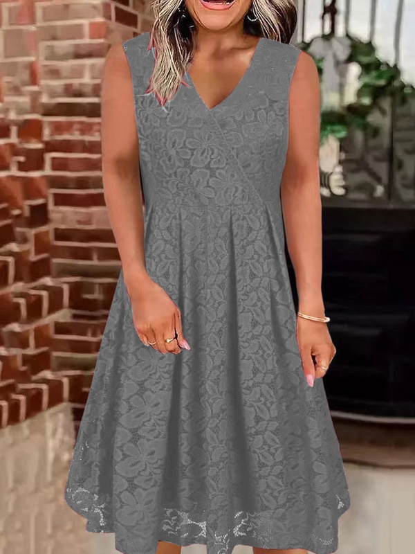 V Neck Sleeveless Lace Midi Dress