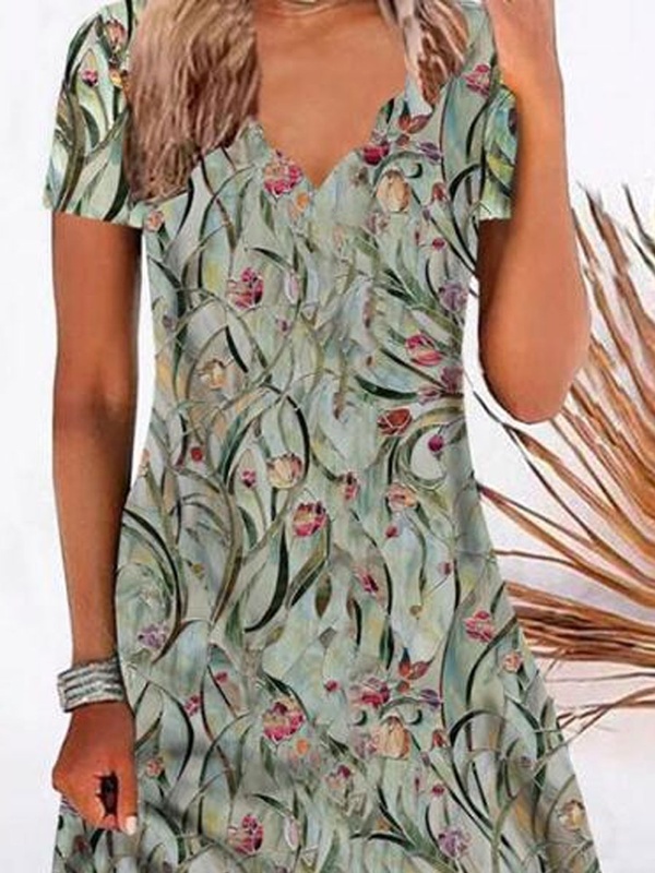 V Neck Casual Loose Leaf Print Short Sleeved Short Dress