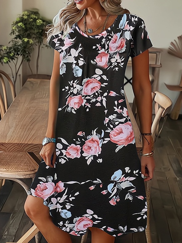 Womens Casual Round Neck Loose Printed Short sleeved Short Dress