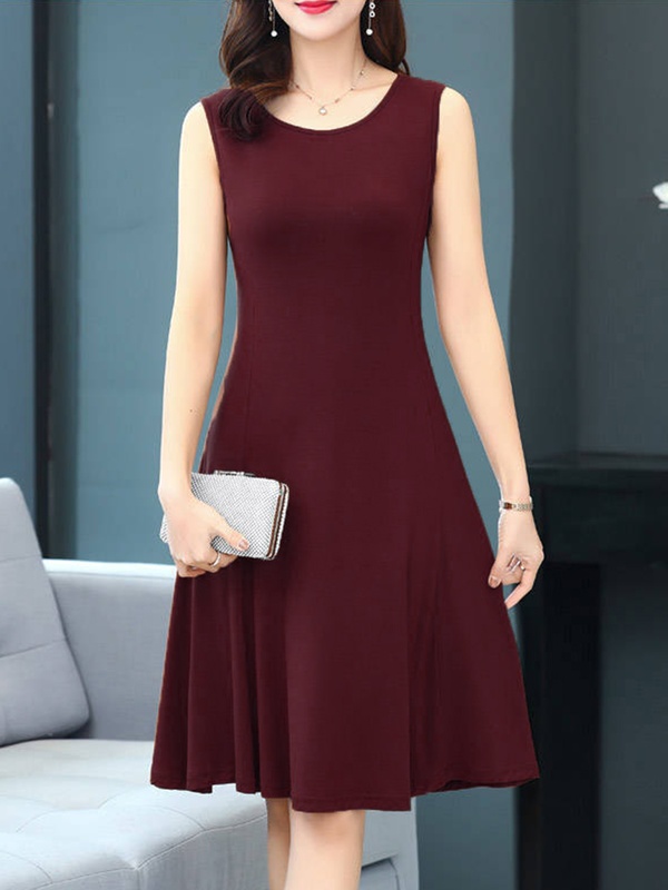 Round Neck Plain Skater Dress