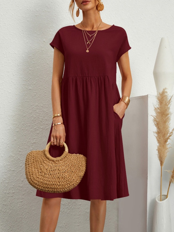 Summer Cotton And Linen Solid Color Round Neck Dress