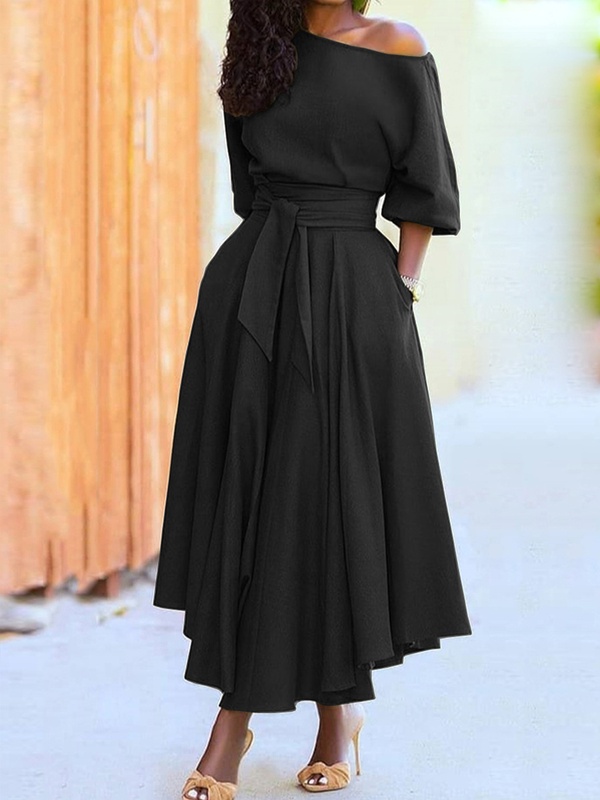 One Shoulder Collar Solid Color Dress