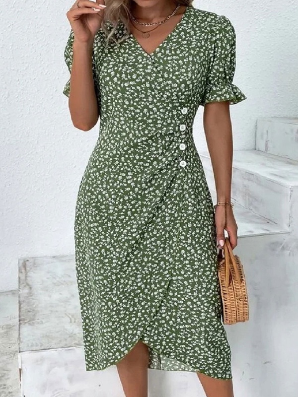 V neck Casual Floral Print Short Sleeve Midi Dress