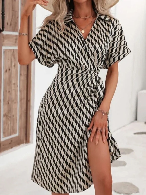 Print Short Sleeve V Neck Midi Dress