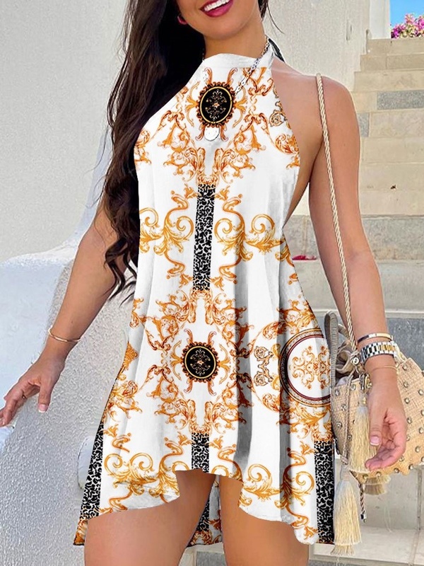 Printed Backless Tie Shift Dresses