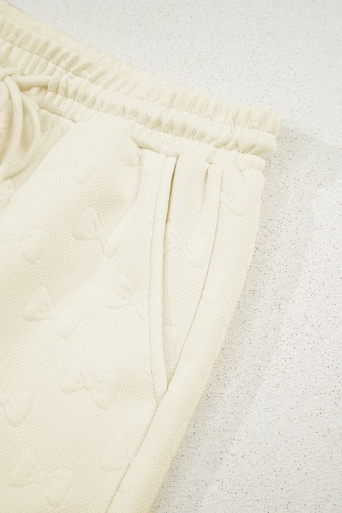 White Bow Jacquard Ruffle Sleeve Short 2pcs Outfit