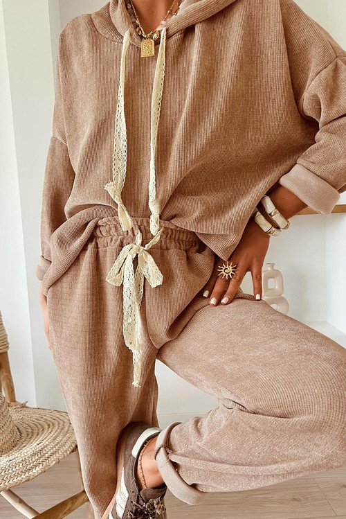 Casual Lace Drawstring Pullover Hoodie and High Waist Pants Corduroy