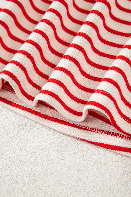 Red Stripe Collared V Neck Drop Shoulder Pullover and Skort