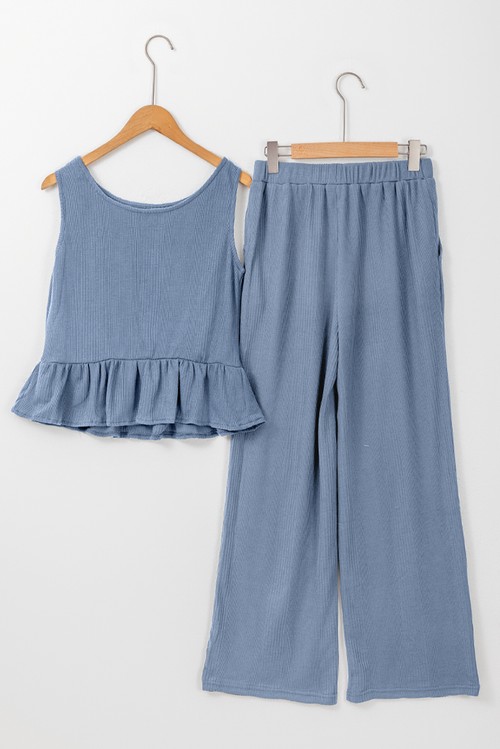 Beau Blue Solid Color Ribbed Ruffle Tank Top and Pants