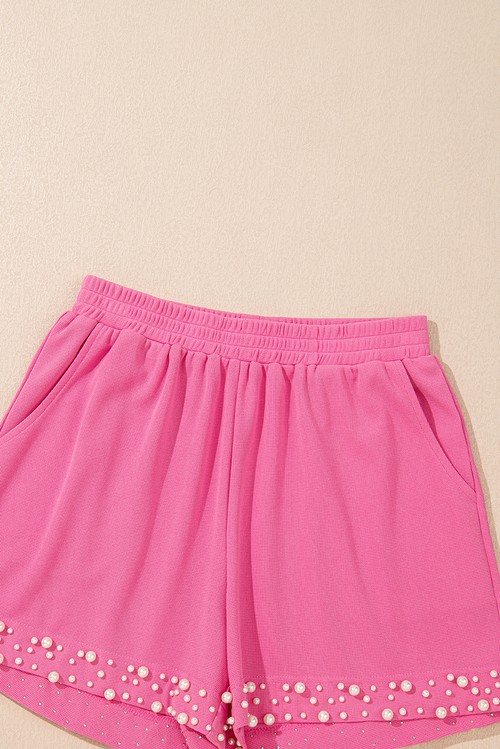 Bright Pink Textured Pearled Ruffle Sleeve Top 2 Piece Shorts