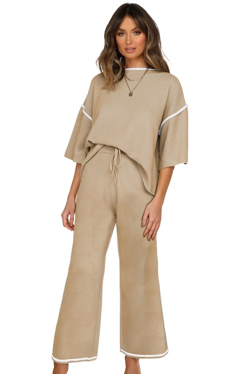 Camel Contrast Trim Half Sleeve Top Drawstring Pants Loose 2pcs