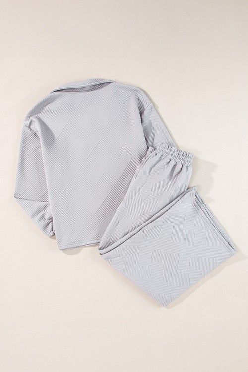 Light Grey Solid Textured Collared V Neck Top and Wide