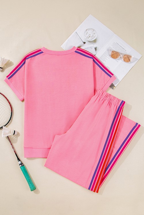 Bonbon Color Contrast Crewneck T Shirt and Wide Leg High