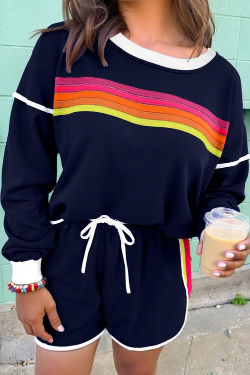 Bluing Colorful Striped Accent Varsity Long Sleeve Pullover and Shorts