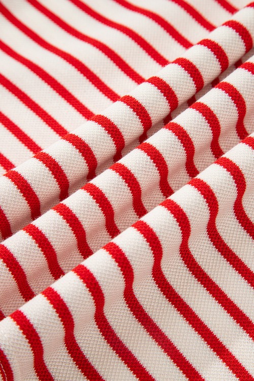 Red Stripe Collared V Neck Drop Shoulder Pullover and Skort