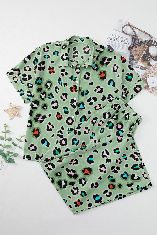 Green Leopard Print Short Sleeve Shirt and Wide Leg Pants