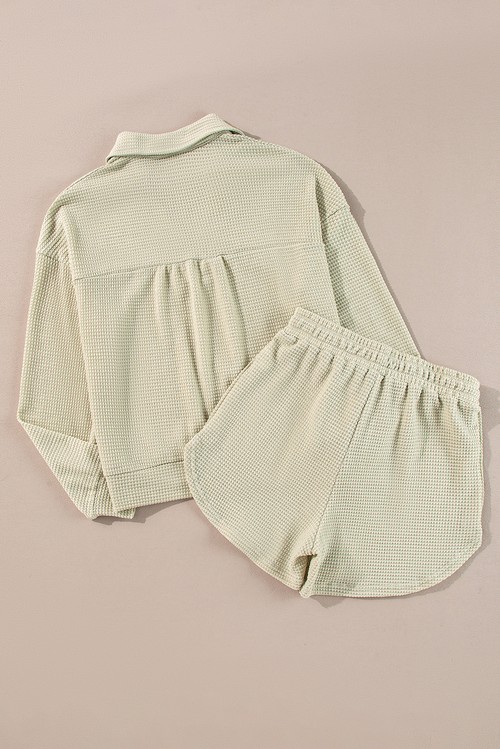 Parchment Textured Buttoned Long Sleeve Top 2 Piece Shorts Set