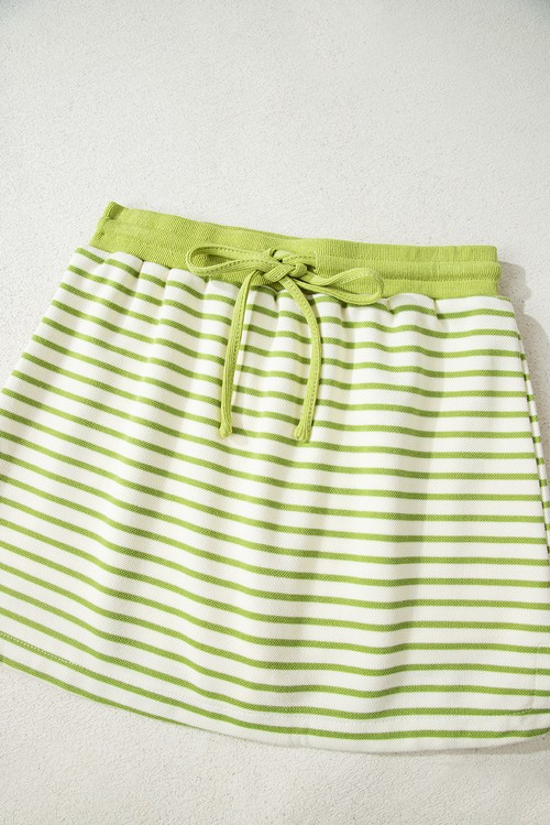 Green Stripe Collared V Neck Drop Shoulder Pullover and Skort