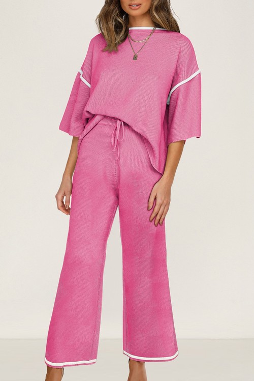 Bright Pink Contrast Trim Half Sleeve Top Drawstring Pants Loose