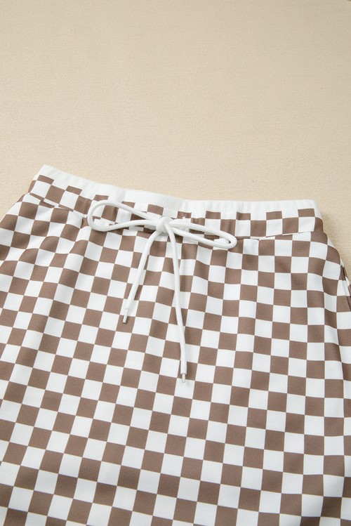 Khaki Checkered Print Polo Collar Cropped Long Sleeve Top Drawstring