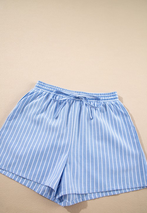 Sky Blue Striped Bowknot Detail Puffy Sleeve Top and Shorts