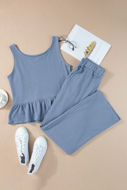 Beau Blue Solid Color Ribbed Ruffle Tank Top and Pants