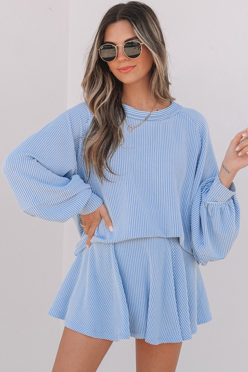 Sky Blue Corded Lantern Sleeve Top High Waist Ruffled Mini