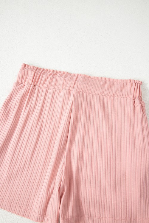 Gossamer Pink Ribbed Button V Neck Tank Top and Shorts