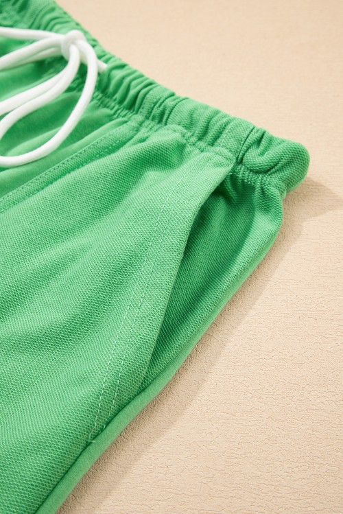 Mint Green V Neck Drop Shoulder Tee and Patchwork Drawstring