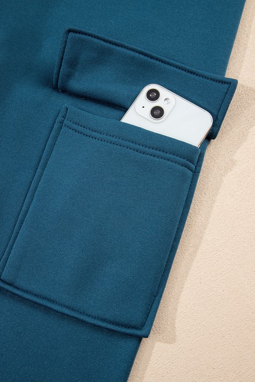Peacock Blue Cozy Hooded Sweatshirt Drawstring Elastic Waistband Cargo Pant