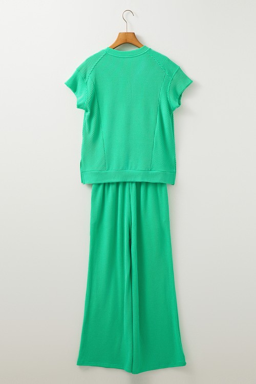 Bright Green Solid Corded Knit Short Sleeve T Shirt and