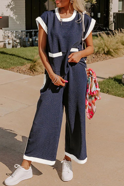 Navy Blue Color Block Pocketed T Shirt and Wide Leg