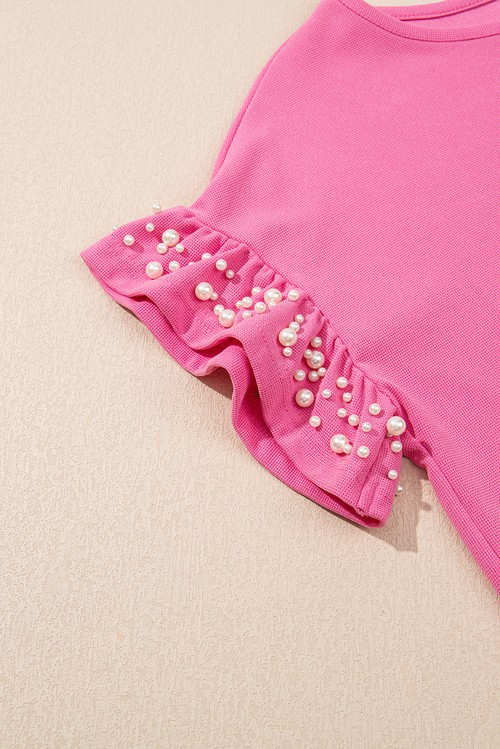 Bright Pink Textured Pearled Ruffle Sleeve Top 2 Piece Shorts