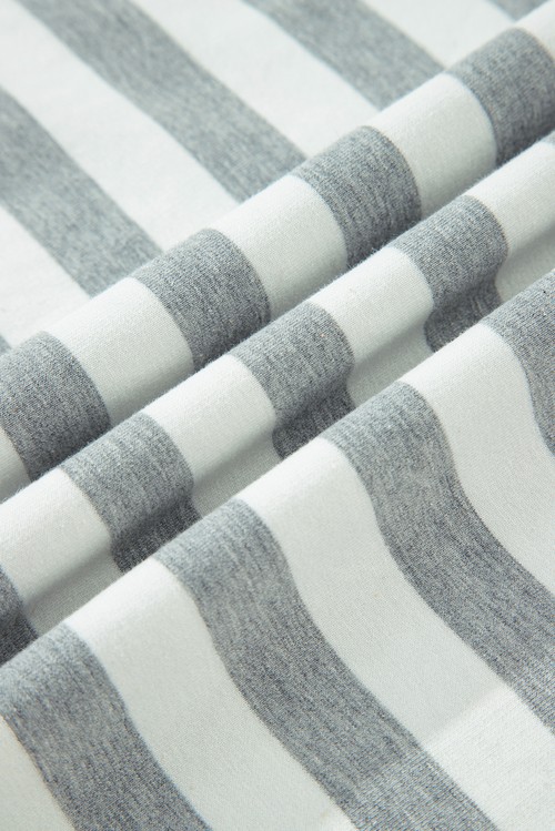 Gray Stripe Contrast Ribbed Banding Long Sleeve Blouse Loose Shorts