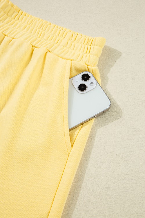 Yellow Color Block Patchwork Half Button Pullover and Shorts 2pcs