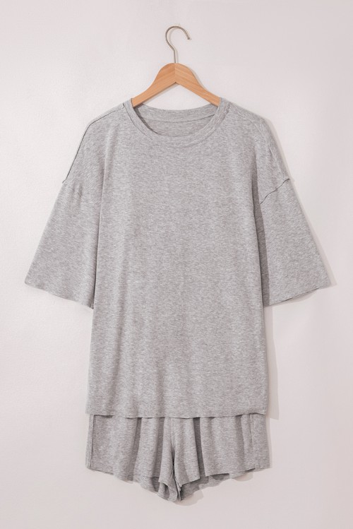Gray Solid Color Loose Tee 2 Piece Shorts Set