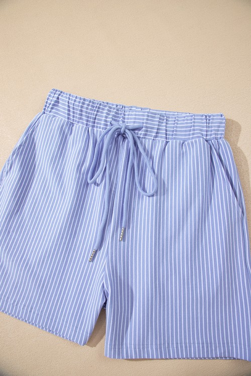 Sky Blue Stripe Dolman Sleeve Polo Shirt and Drawstring Shorts