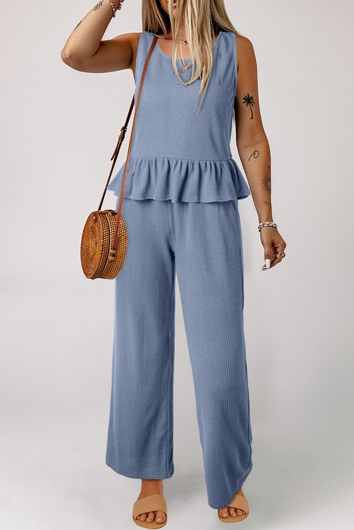 Beau Blue Solid Color Ribbed Ruffle Tank Top and Pants