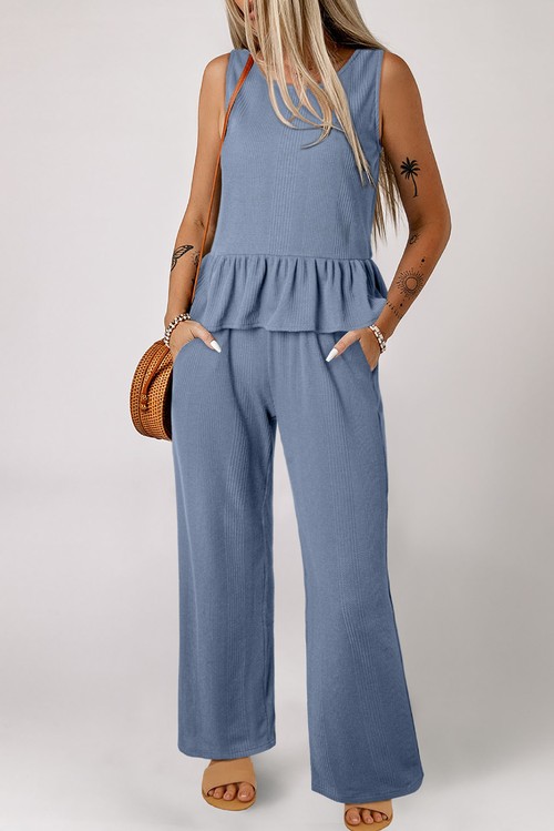 Beau Blue Solid Color Ribbed Ruffle Tank Top and Pants